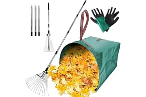 RISETEX Leaf Rake for Lawns with 53 Gallon Dustpan-Type Leaf Bags,Heavy Duty Metal Garden Yard Rake Long Handle with Expandable Head 7-14" for Gardening Outdoor Camping Shrub Grass Bush Weed