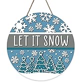 Bolisom Winter Pine Tree Blue Front Door Sign, Let It Snow Snowflake Wood Hanger Outdoor Outside Porch Home Decor, Farmhouse Rustic Christmas Wooden Wreath Indoor Wall Hanging Decoration