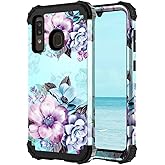 Casetego Compatible with Galaxy A20/A30/A50 Case,Floral Three Layer Heavy Duty Sturdy Shockproof Full Body Protective Cover Case for Samsung Galaxy A20/A30/A50,Blue Flower.
