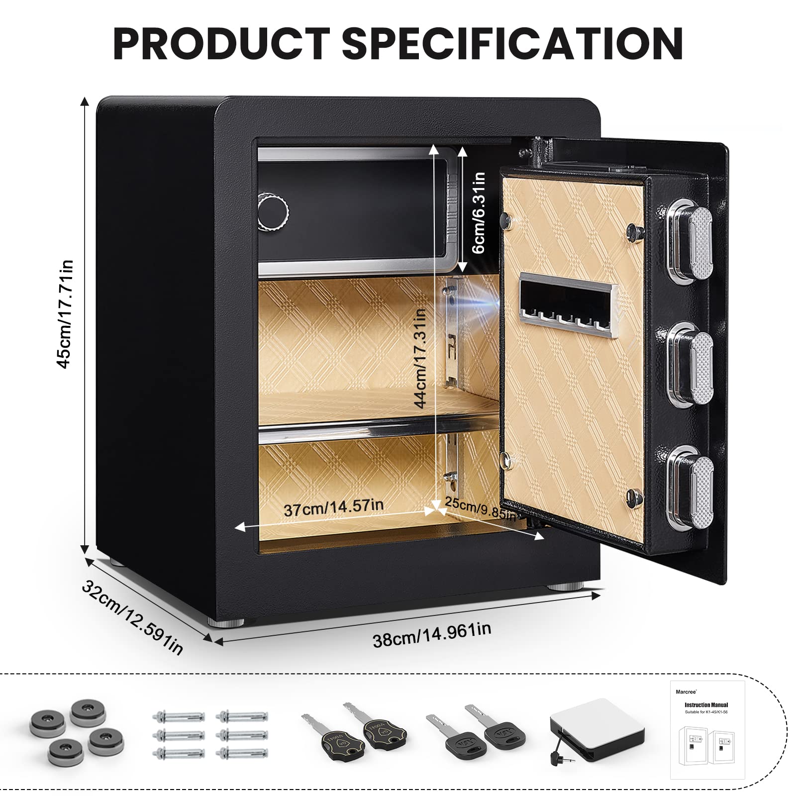 Marcree Biometric Fingerprint Safe Box, 2.0 CUFT Fingerprint Security Safe Box with Combination Lock and Voice Prompt and Dual Warning and Private Inner Cabinet for Money Documents Valuables