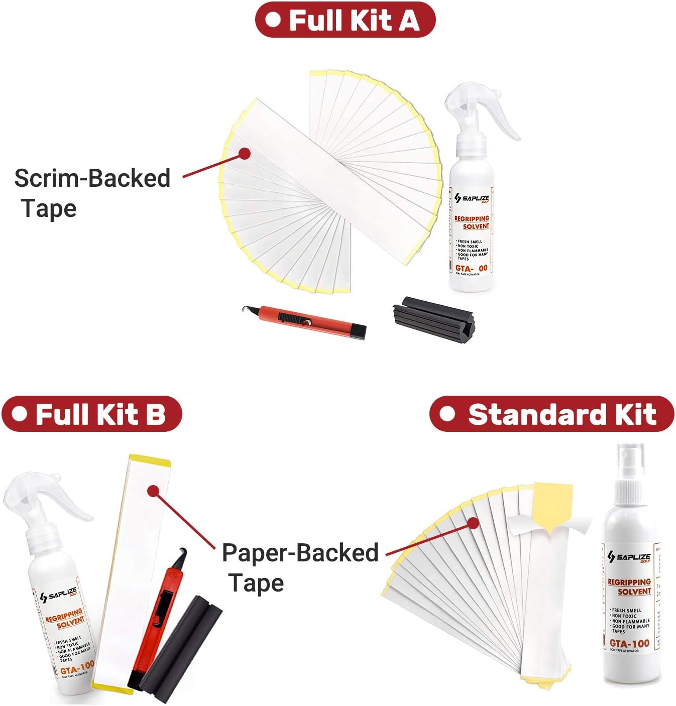 SAPLIZE Golf Regripping Kits with 15 Scrim-Backed Tapes, 5oz Solvent, Vise Clamp and Hook Blade, KIT C, 2"x10" - Image 3