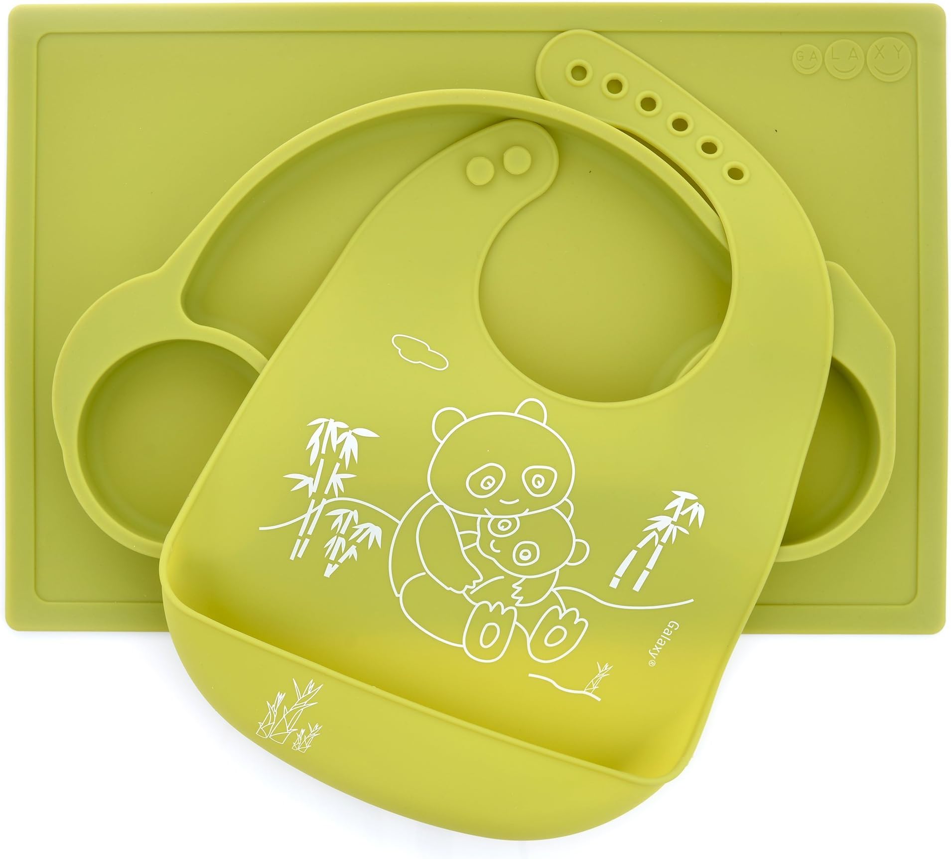 Set Silicone Car Placemat and Matching Mommy and Baby Panda Bib Kids Babies Toddlers Meal Plate (Green)