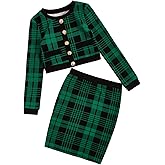 Milumia Girl's Two Piece Outfits Houndstooth Button Decor Crop Blazer Jacket and Skirt Sets