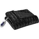 Beautyrest Duke Blanket Luxury Oversize Electric Throw Premium Soft Cozy Brushed Long Faux Fur for Bed, Couch with 3 Heat Setting Controller, Auto Shut-Off Function, Black, 50 in x 70 in