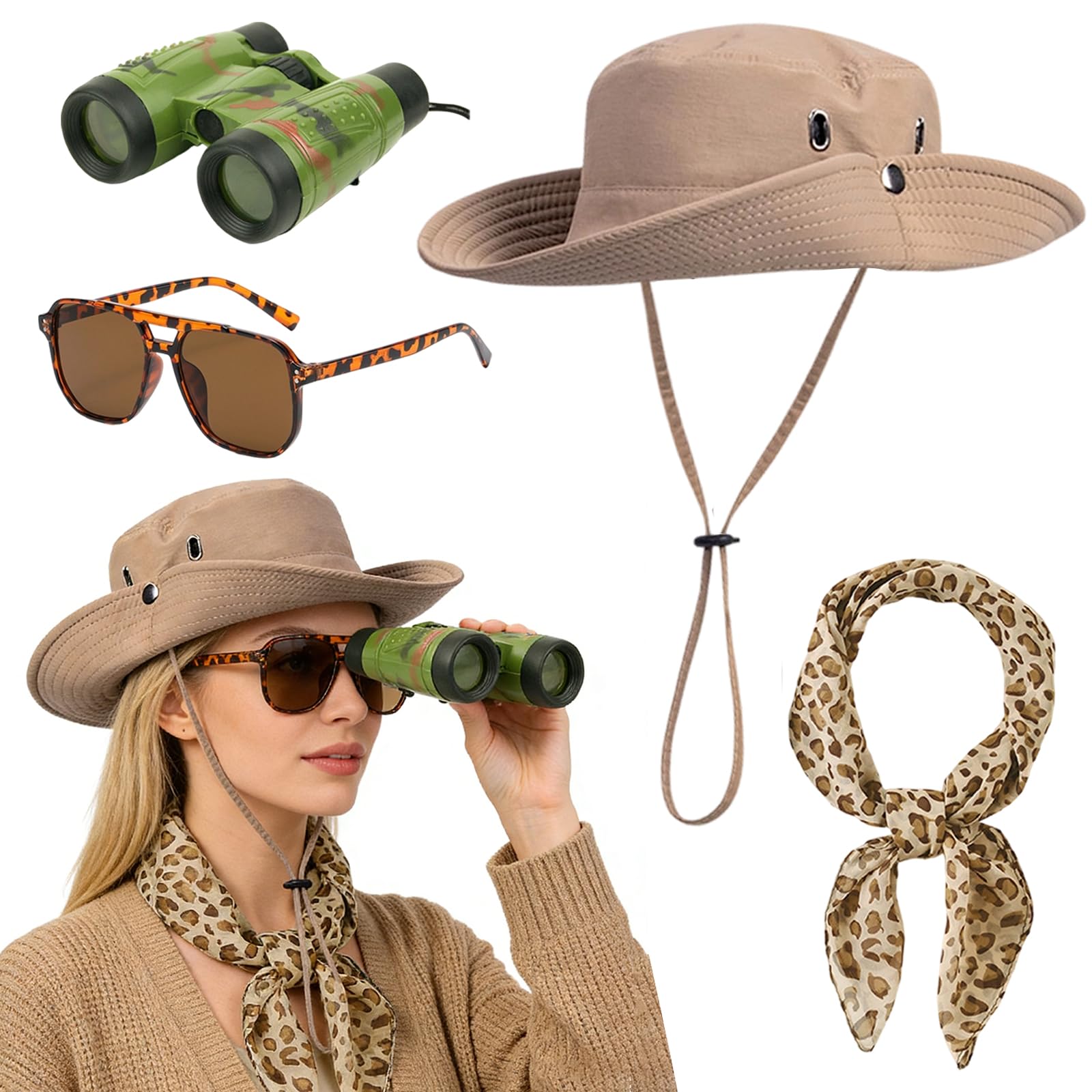 EDLMKM 4 Pcs Safari Costume Accessories Set, Explorer Zookeeper Costume With Leopard Print Scarf, Safari Hat, Green Binoculars, Leopard Sunglasses For Women Dress Up, Outdoor Adventures And Role Play