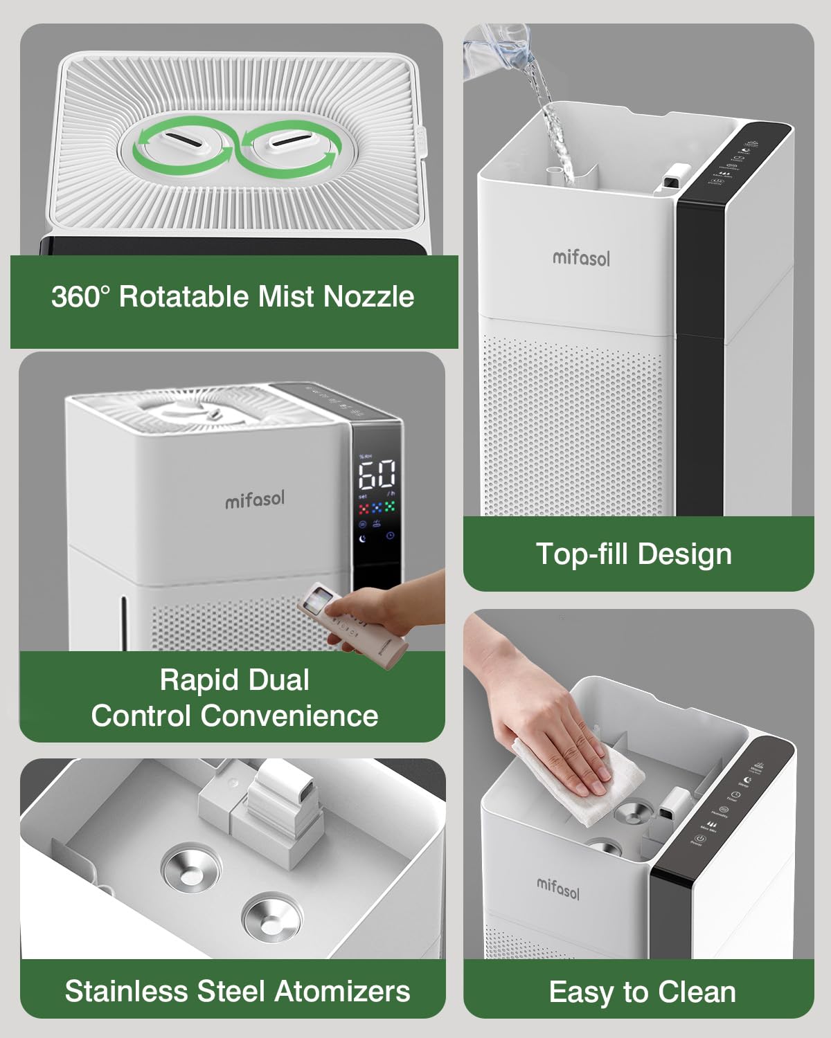 mifasol Humidifier Large Room, 5.3Gal/20L Whloe House Humidifiers for Home, Quickly & Evenly Humidify Larger Areas,Dual Mist Nozzles and Atomizers, Plant/Commercial/Greenhouse/Office, White