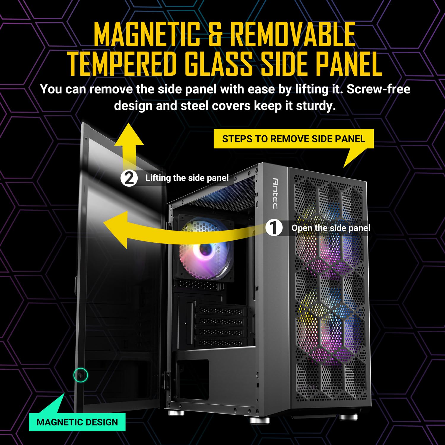 ANTEC NX200M RGB, Large Mesh Front Panel, USB3.0 Ready, 3 x 120mm RGB Fixed Mode Fans Included, TG Swing Side Panel, Up to 5 Fans Simultaneously, 240mm Radiator Support, Mini-Tower M-ATX Gaming Case
