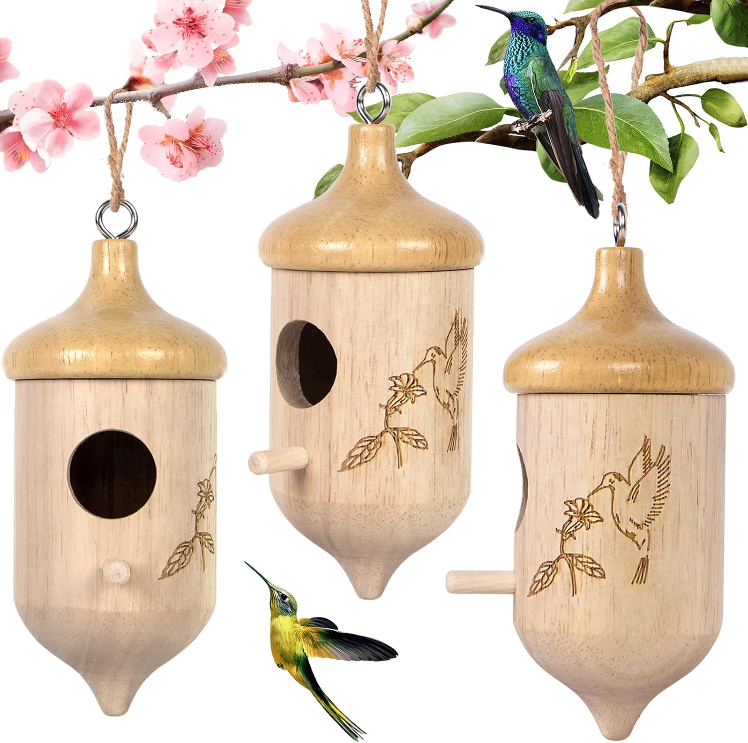 Backyard Birding & Wildlife - Hummingbird House,Wooden Hummingbird Houses for Outside for Nesting, Gardening Gifts Home Decoration,3 Pack