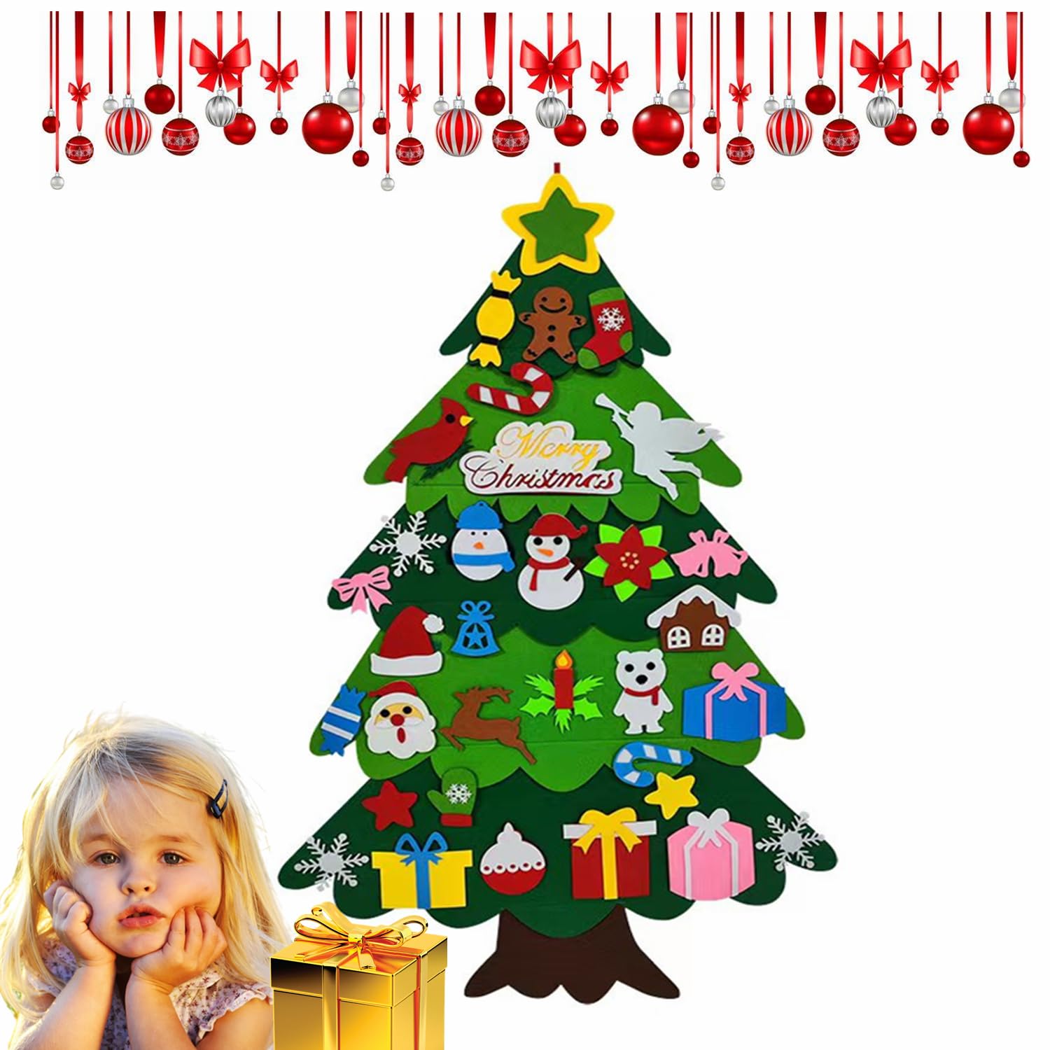 DIY Felt Christmas Tree,3.28ft Felt White Snowman Tree Set with 32Pcs Detachable Christmas Ornaments for Kids/Toddlers,Wall Hanging FeltXmas Trees Non-woven Xmastree Gifts Home Door Window Decor Kit