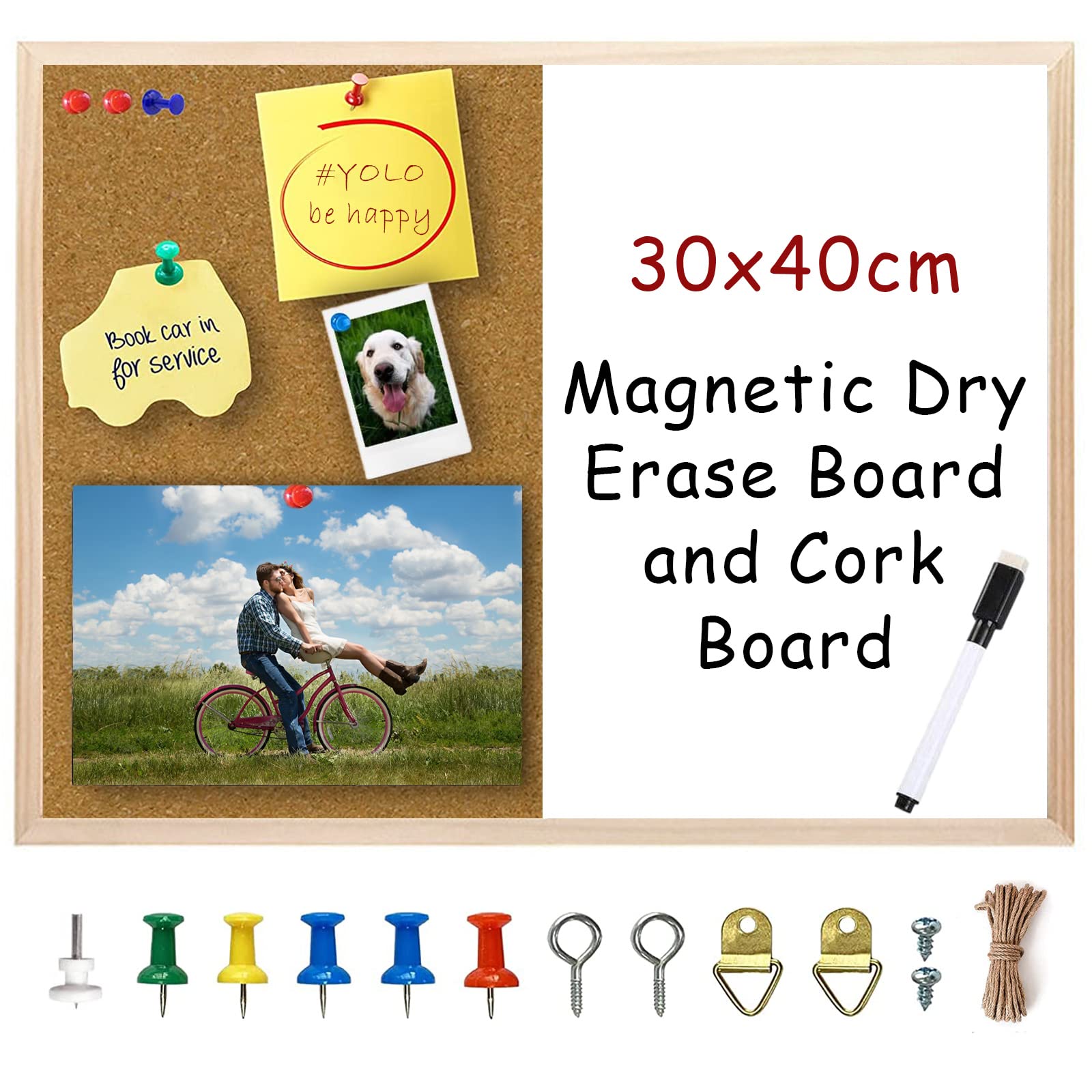 Cork Boards Magnetic White Board Combo, Small Dry Erase Bulletin Board, Vision Boards Memo Board Pin Board for Walls, Home, Office, Dorm, Goal, Remote Job, 30x40 cm Wood Frame Wall Boards, UK