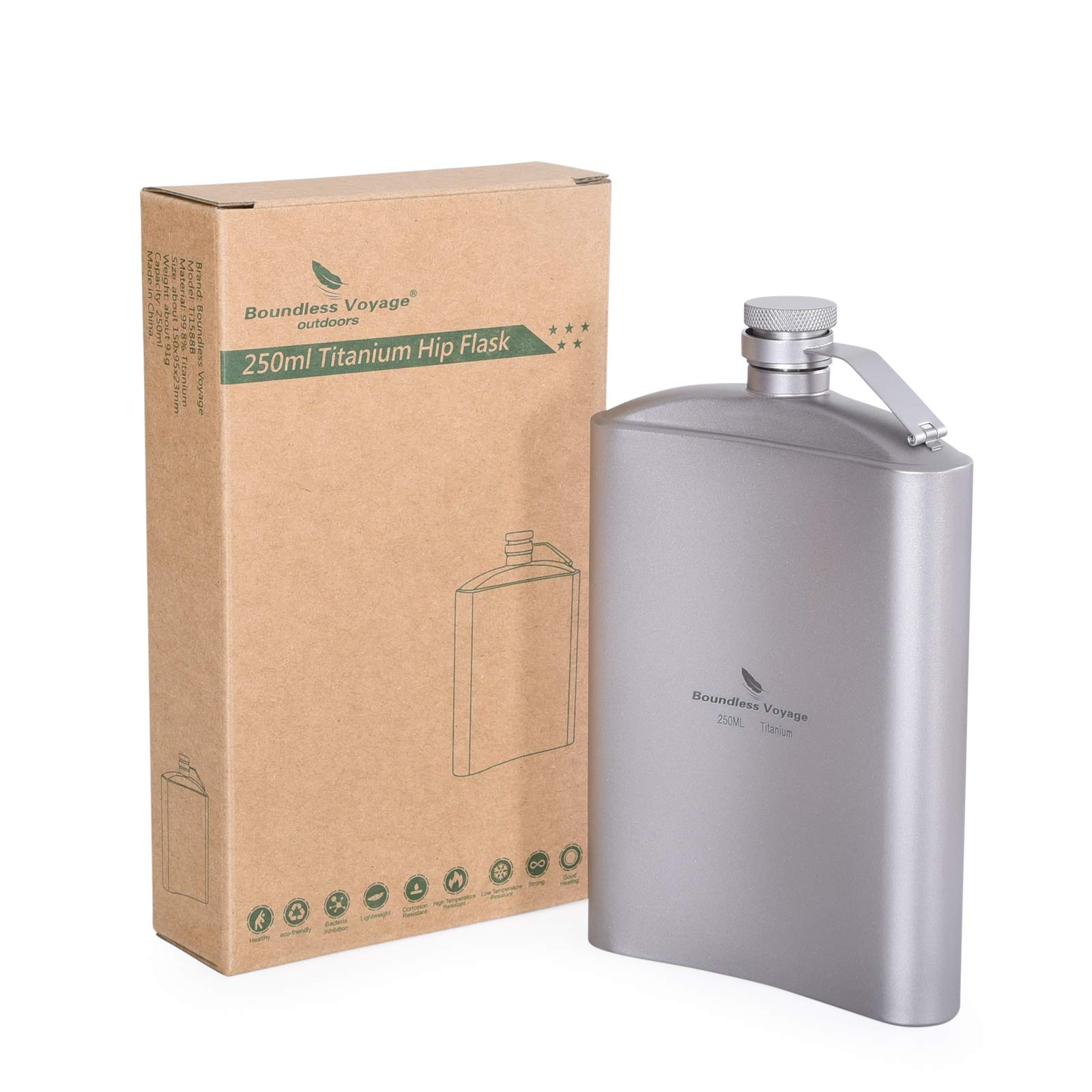 Boundless Voyage Titanium Hip Flask, 250ml, Rectangular, Smooth Finish, Silver