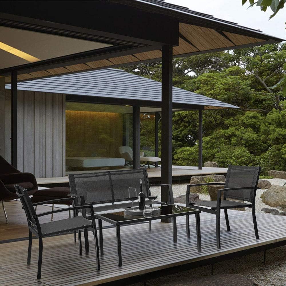 Devoko 4 Pieces Patio Furniture Set Outdoor Garden Patio Conversation Sets Poolside Lawn Chairs with Glass Coffee Table Porch Furniture (Black): Garden & Outdoor