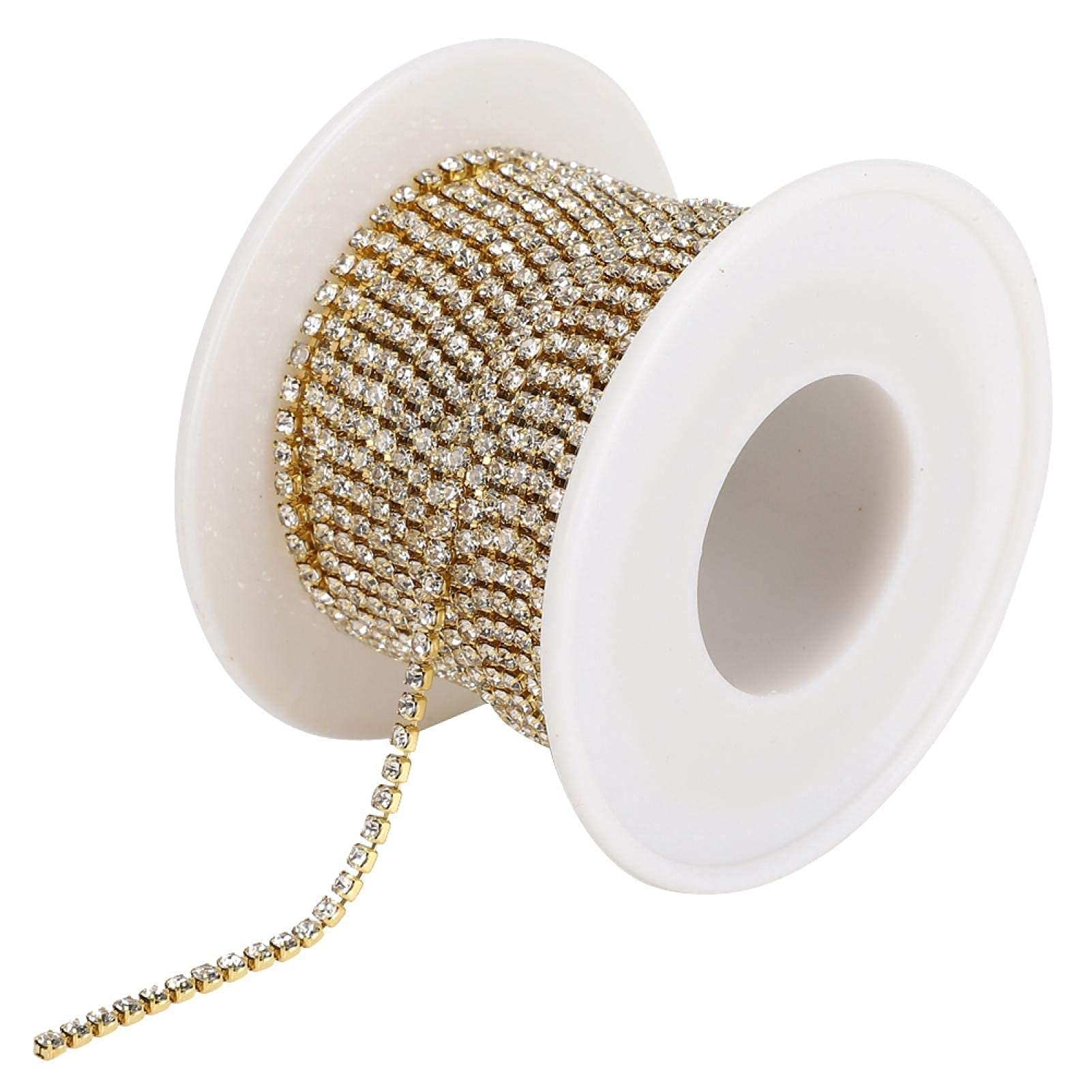 Rhinestones Chain 10 Yards Trimming Claw Chain SS6 Crystal Beads String Roll with Silver or Gold Bottom for DIY Crafts and Decorations(White Diamonds On Gold Base)