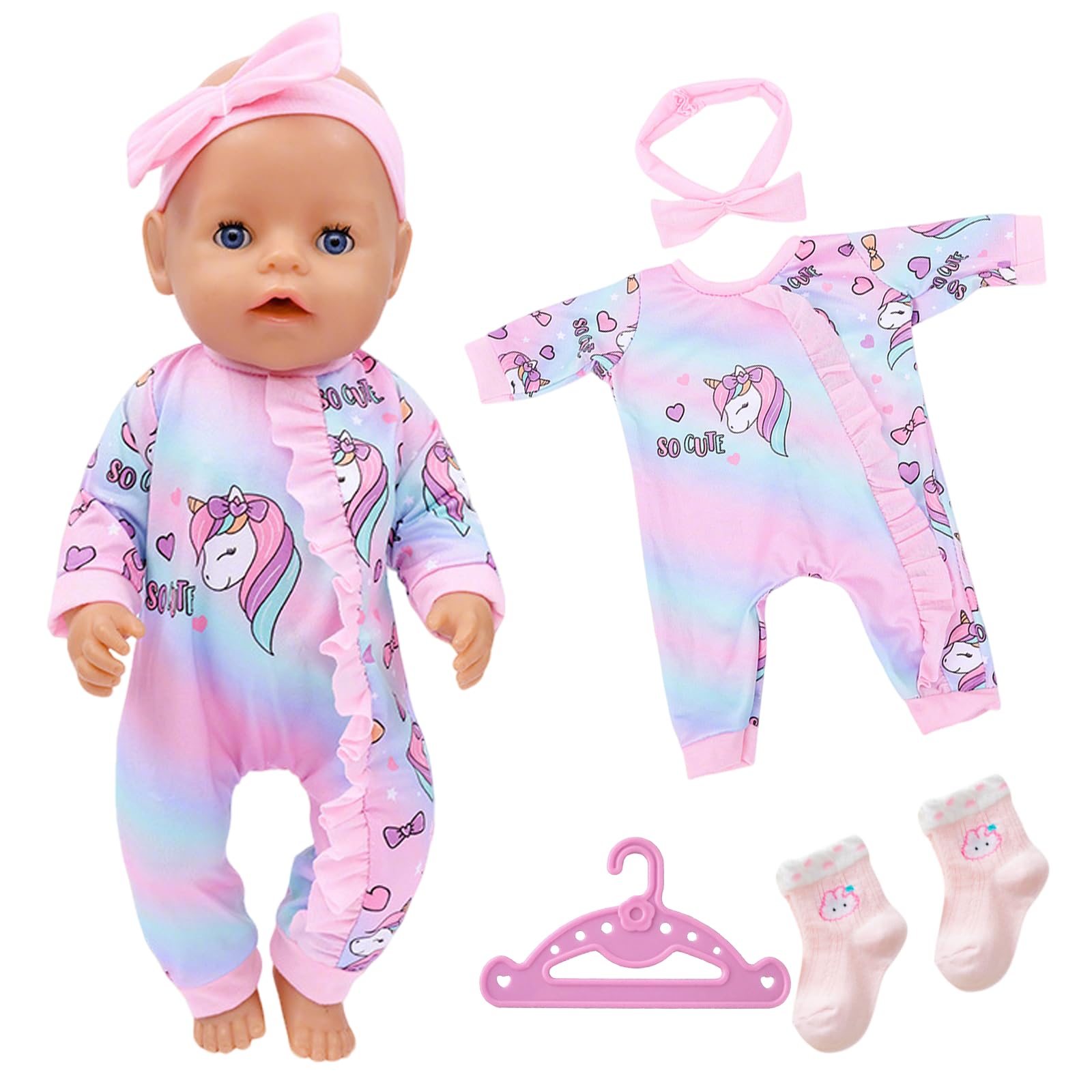 4Pcs Baby Doll Clothes for 14-18inch Doll 30-45cm Baby Doll Accessories, Powder Blue One-Horned Horse Bodysuit Bow Headdress Sock Coat Hanger for Dream Cute Doll ClothesGirls Birthday