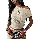 SHENHE Women's Off Shoulder Ruched Slim Fit Asymmetrical Crop Top Dolman Short Sleeve Y2k Casual Shirts