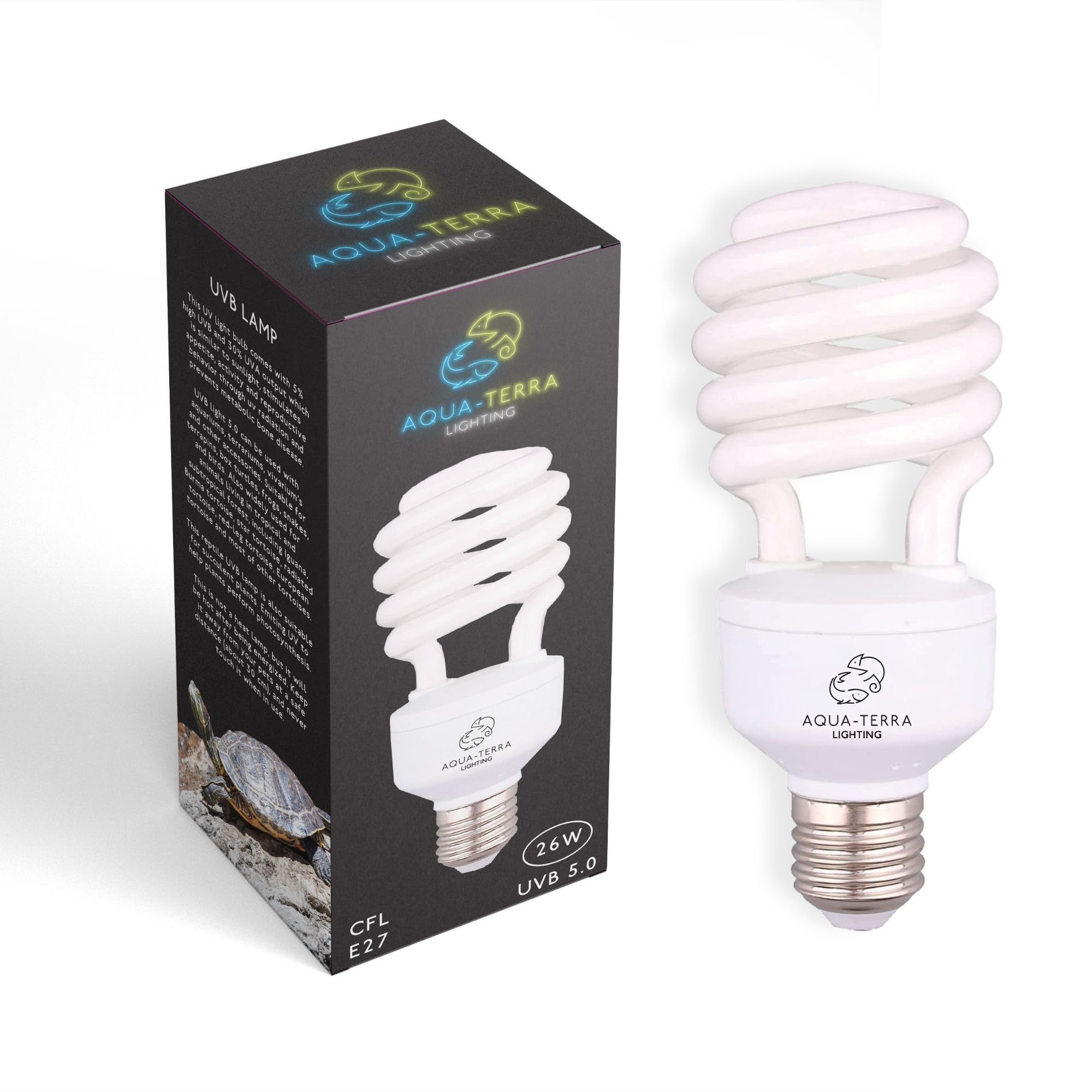 Aqua-Terra Lighting UVA UVB 26w Tropical 5.0 Bulb Ideal for Aquariums/Terrariums with Terrapins, Box Turtles, Frogs, Snakes and Birds - E27 Standard Screw Base - Ideal for Natural Sun Light Effect