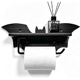 Gothic Bat Toilet Paper Holder with Shelf, Wall Mounted Bathroom | Paper Roll Holder, Wooden Bat Wall Decor with Storage Shelf, Halloween Decor Tissue Holder, Black Metal Toilet Roll Holder