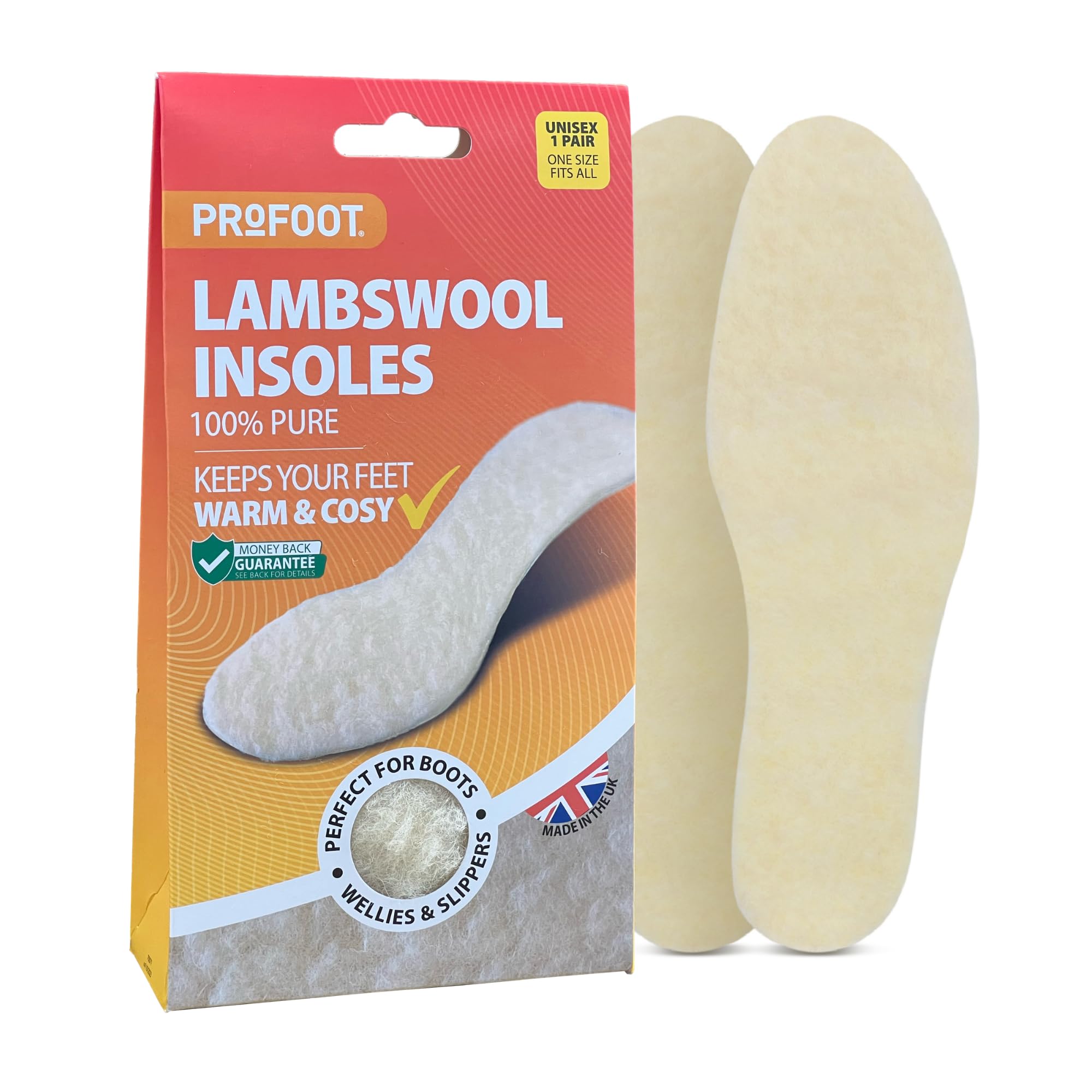 Profoot Lambswool Insoles, Full Length Inserts for Cold Feet and Foot Comfort, Perfect for Boots, Wellies and Slippers, Washable and Reusable, One Size Fits All