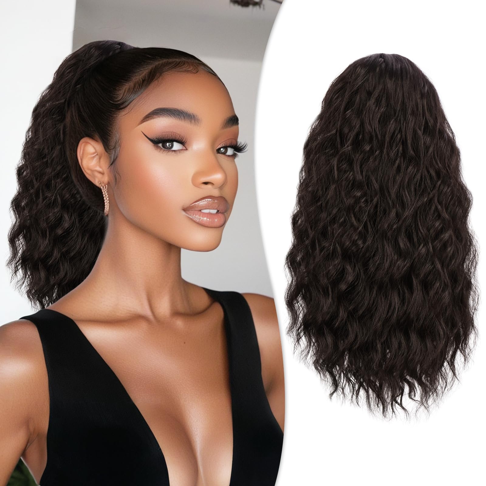RUWISS Curly Drawstring Ponytail Extension for Black Women,16 inch Dark Brown Afro Kinky Ponytail Synthetic Hairpiece for Daily Party Use