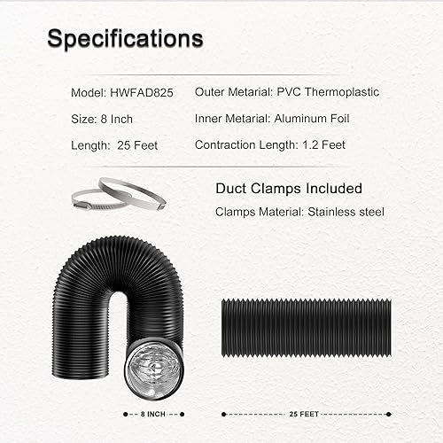 HYDROWE Vent Hose Flexible Inch 25 Feet PVC Aluminum Foil