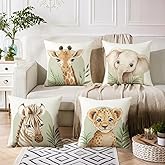 LSMIAO Safari Animal Throw Pillow Covers 18x18 inch, Set of 4, Decorative Polyester Cushion Cases with Giraffe Elephant Zebra Lion Cub Design