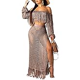 ECHOINE Women Sexy Two Piece Skirt Set - Tassel Hollow Out Off Shoulder High Split Cover Up Bikini Beach Dresses