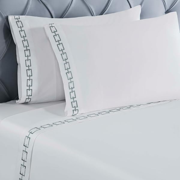SUPERIOR EMBROIDERED COTTON BED SHEET SET, 1 ELASTIC DEEP POCKET FITTED SHEET, 1 FLAT SHEET, 1 PILLOWCASE, DAILY SOFT SHEETS, LUXURY, UNIQUE DESIGN, CHAIN LINKS COLLECTION, TWIN, WHITE-SILVER