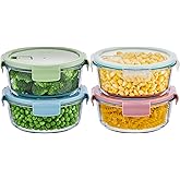 Wancilock 8 Pcs Round Glass Containers with Lids Airtight 4 Cup Glass Storage Containers Set Meal Prep Containers for Soup Leftover Microwave, Dishwasher, and Freezer Safe(4 Sets