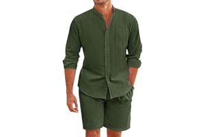 COOFANDY Linen Sets For Men 2 Piece Button Down Shirt Long Sleeve and Casual Beach Drawstring Waist Shorts Summer Outfits