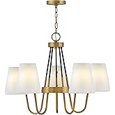 Hinkley Aston Indoor Five Light Single Tier Chandelier - Curved Arms, Off-White Fabric Tapered Shades - Heritage Brass with B