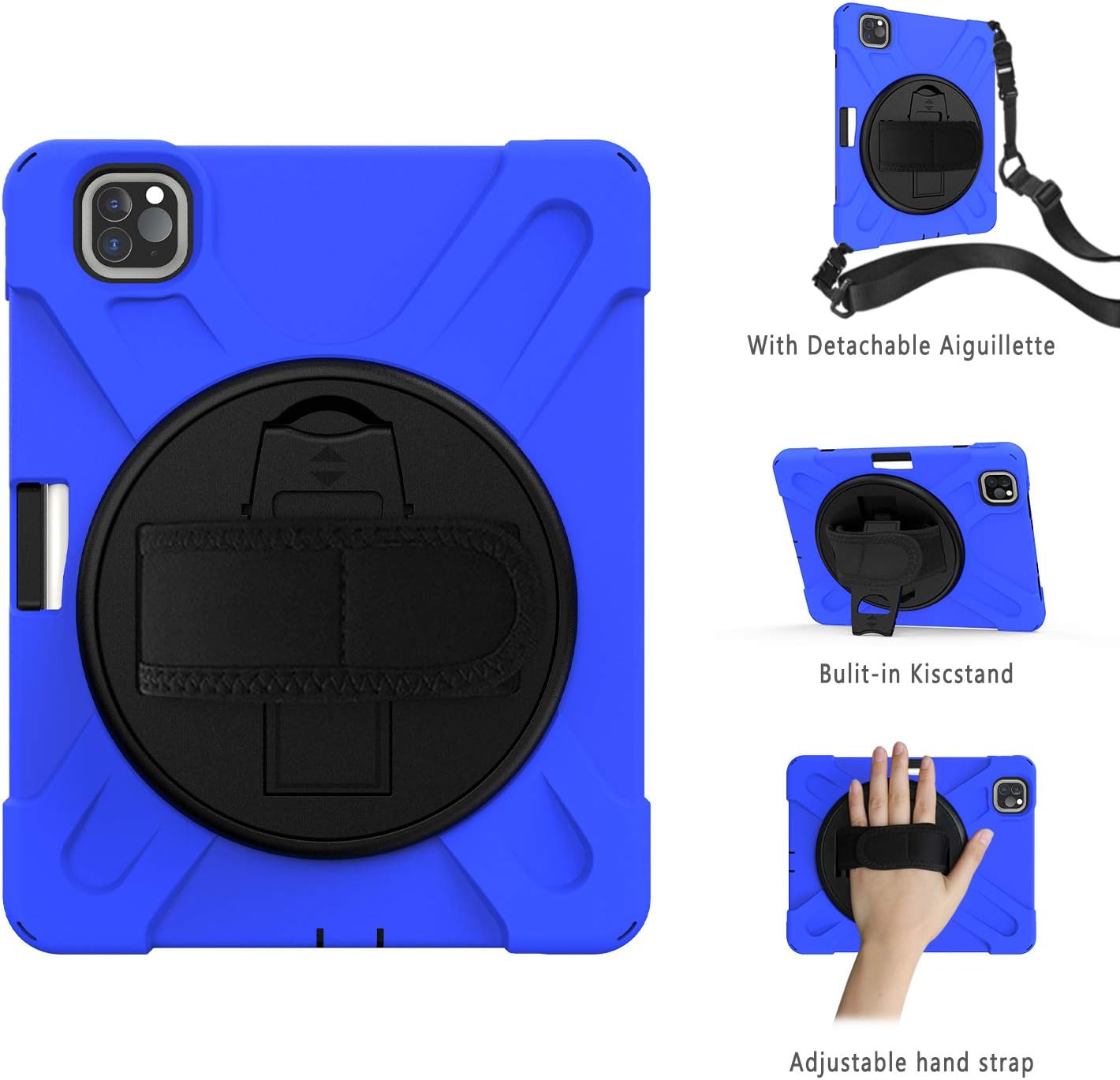 Macoku Case for iPad Pro 11 2020 Tablet, Heavy Duty Shockproof Protective Case with 360 Degree Rotating Hand Strap, Kickstand and Carrying Shoulder Strap, 3 Layer Hybrid Kids Case (Blue)
