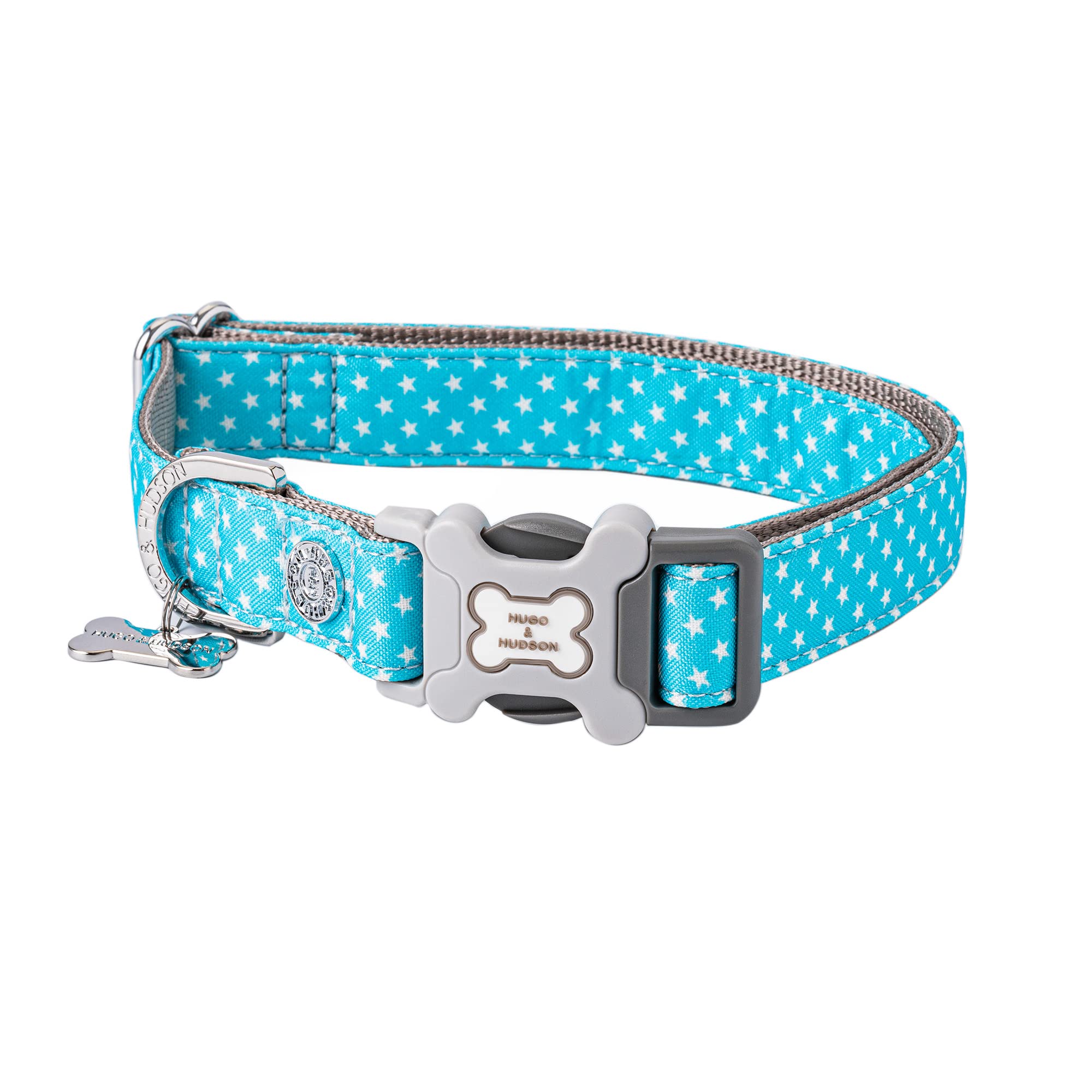 HUGO & HUDSON Nylon Dog Collar with Quick Release Safety Buckle, Adjustable Soft & Comfortable Padded Pet Collar for Puppy, Small, Medium and Large Dogs, Turquoise Star, XS