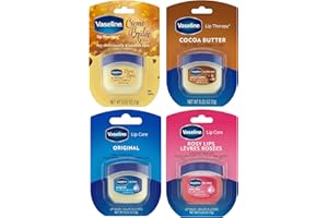 Vaseline Lip Therapy and Lip Care Variety Pack, 4 Mini Jars (7 g Each), Creme Brulee, Cocoa Butter, Original, Rosy Lips, Seal