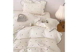 AMZTOP Beige Polka Dot Duvet Cover Set Queen Size 3 Pcs(1 Duvet Cover with 2 Pillowcases),Soft Brushed Wash Fall Winter Warm Comforter Covers with Ruffles,Twin Bedding Set for Teen Girls 90"×90"