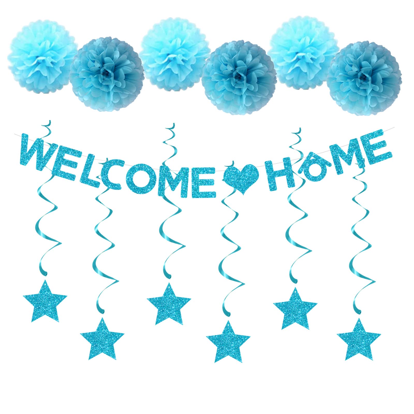 bng-bng Welcome Home Decorations Blue With Welcome Home Bunting Banner Star Swirls Tissue Pom Poms For Welcome Family Home Party Decorations Party Supplies