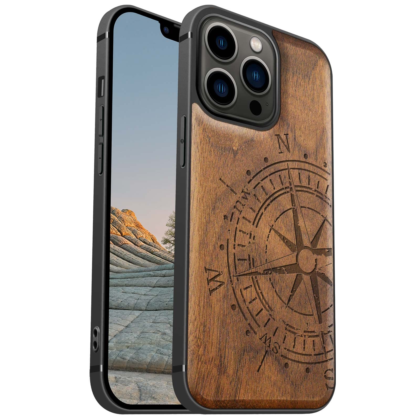 Carveit Magnetic Wood Case for iPhone 13 Pro - Hard Real Wood & Soft TPU - Shockproof Hybrid Protective Cover - Unique & Classy Wooden Case - Compatible with MagSafe (Vintage Compass-Walnut)
