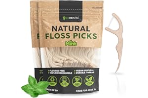 GOECOVITA Biodegradable Floss Picks - Natural Straw Wheat Handle | Thin & Durable Thread for Tight Gaps! | Dental Flossers for Adults | Gentle on Gums & Teeth | Eco Friendly, Vegan, Natural (100 Pack, Mint)