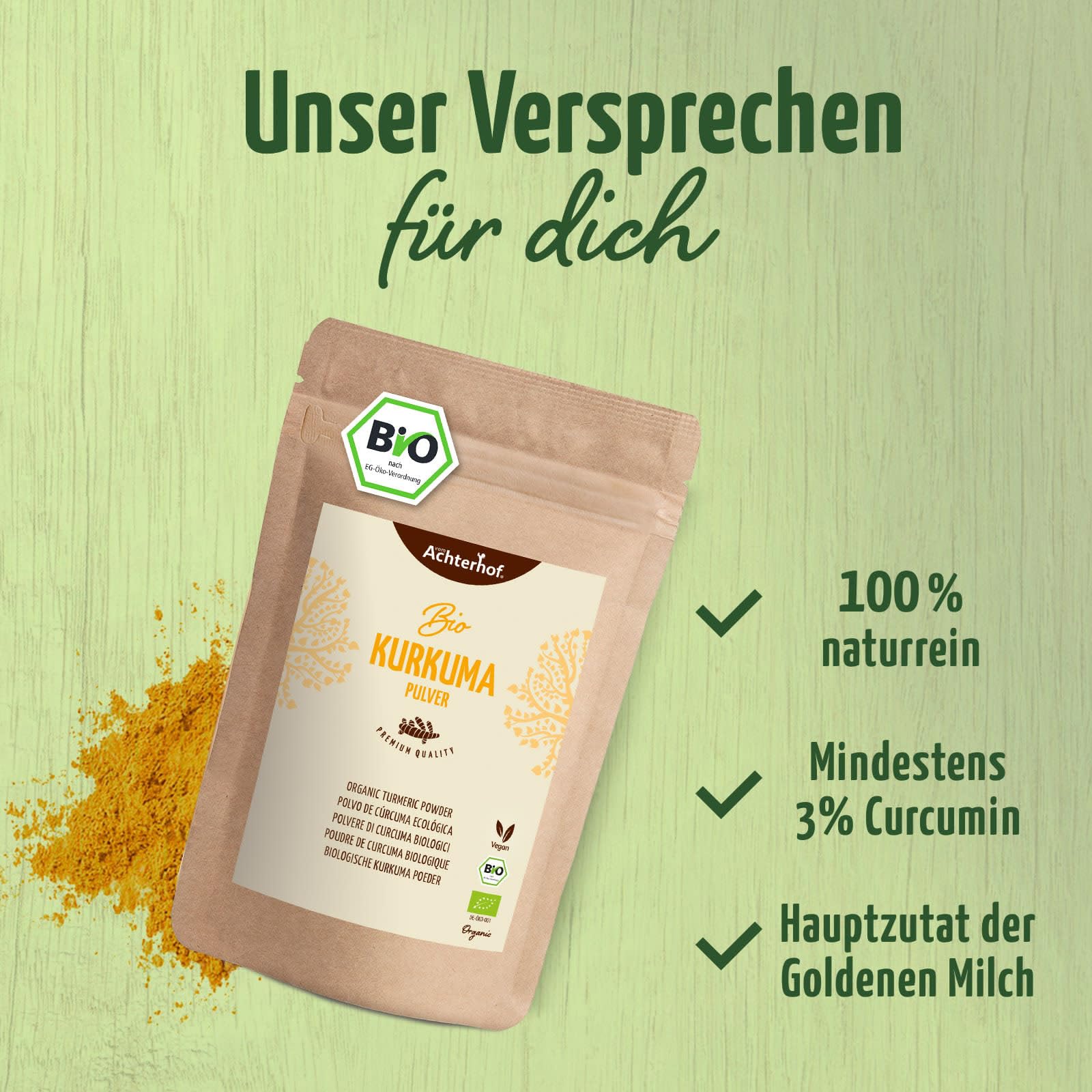Kurkuma Pulver 1000g | fein gemahlene Kurkumawurzel in Bio-Qualität | Ideal zur Zubereitung einer Goldenen Milch, als Zugabe in Tee, asiatischen Gerichten, würzigen Suppen & Co | vom Achterhof 5