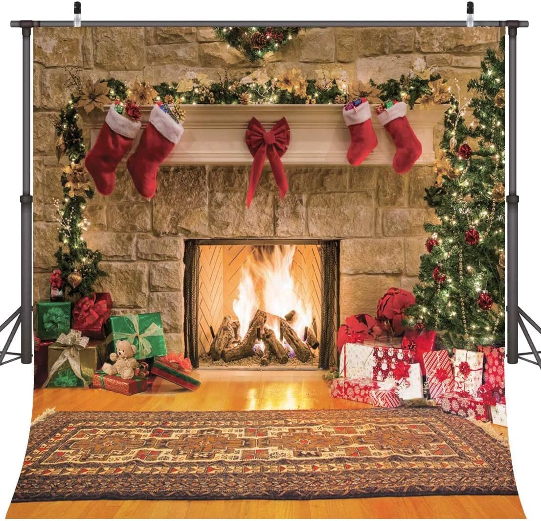 Fireplace Christmas Backdrop Vintage Carpet Xmas Tree Photography Background Child Family Christmas Photo Booth 6x6FT