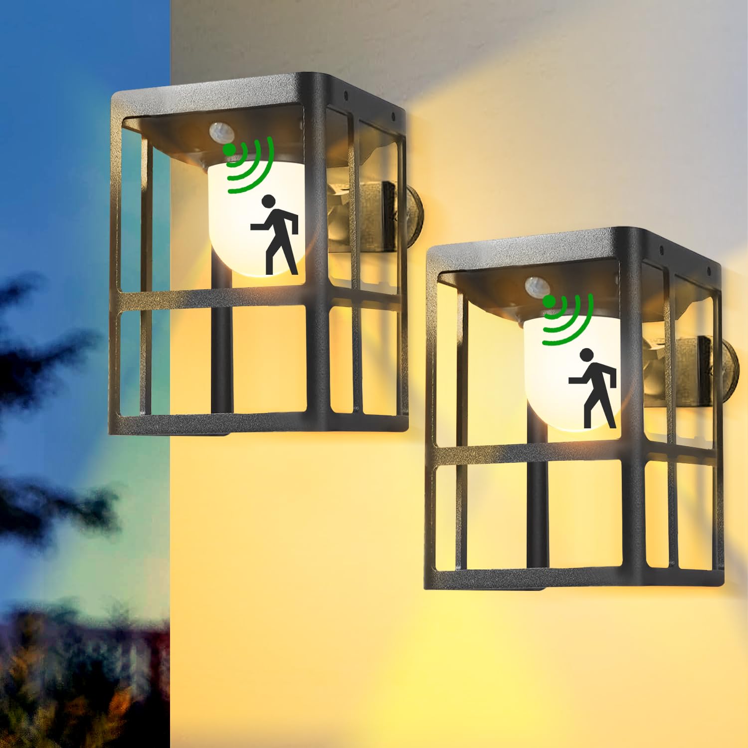 ZKLiLi Solar Wall Lights Outdoor ，Solar Wall Sconce with 3 Lighting Modes & Motion Sensor，Solar Porch Lights Dusk to Dawn，Exterior Front Patio Fence Garage Decor Security Outdoor Wall Lamps （2 Pack）