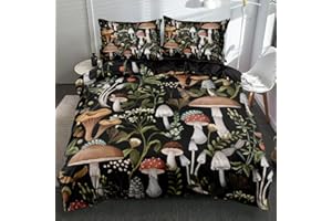 Holiyjog Queen Size Dark Brown Mushroom Print Bedding Set – Dense Plants & Floral Duvet Cover for Boys & Girls, Cozy & Tropical Atmosphere