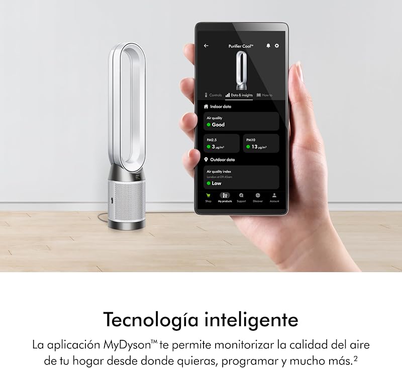 Purifier Cool™ PC1 Ventilador de Torre y Purificador de Aire, Filtro HEPA H13, Refrigeración Potente, Control por App y Mando, Sin Aspas, Oscilación 350°, Blanco
