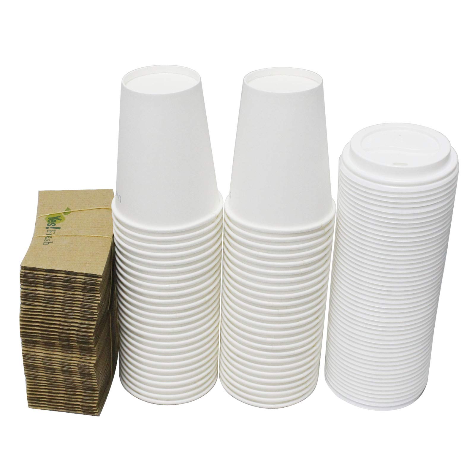 Durable White Paper Hot Coffee Cups with Cappuccino Lids and Protective Corrugated Cup Sleeves, Qty of 50 (12 Ounce)