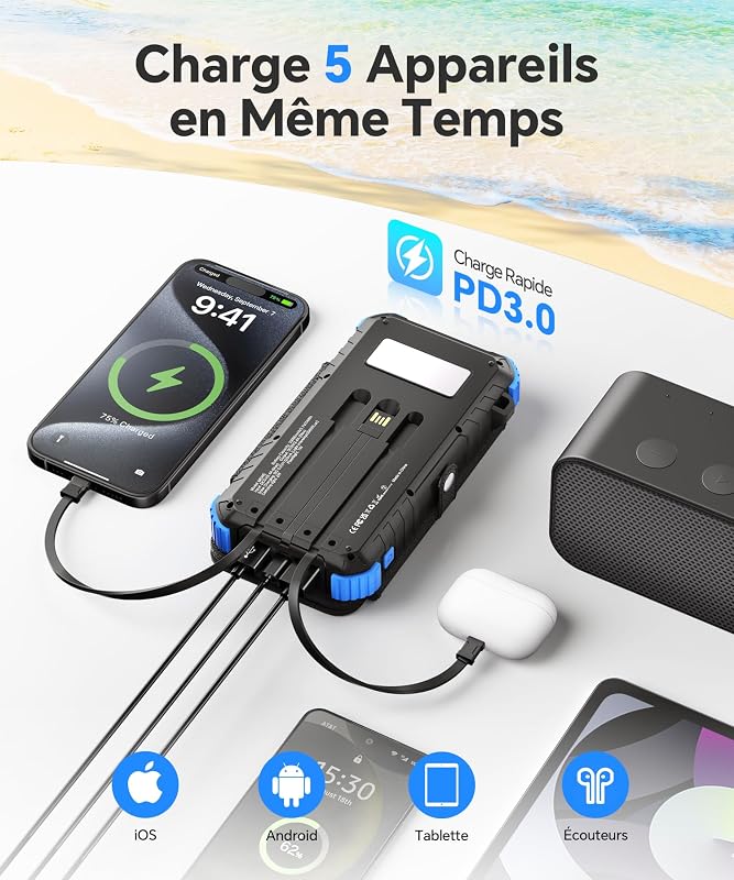 Batterie Externe Solaire 20000mAh avec 4 Panneaux Solaires & 3 Câbles — photo 4 sur 8