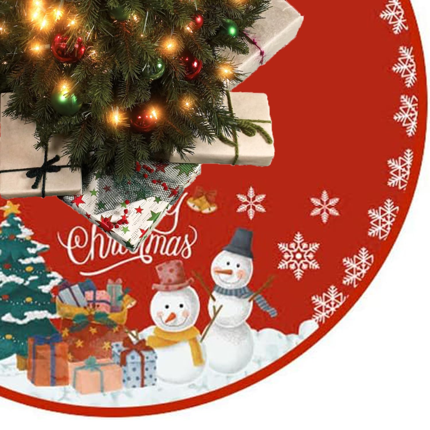 Christmas Tree Skirt 90cm Soft Xmas Tree Decoration Mat Double Layers Tree Skirts Base Cover Christmas Tree Carpet with Santa Claus Snowman Pattern for Christmas Holiday Tree
