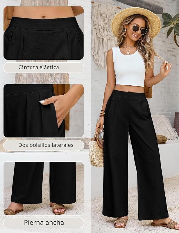 Pantalones Mujer Verano Algodon Pantalon Ancho Cintura Elastica Comodo Pantalón con Bolsillos, Negro, M