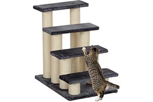 PawHut 4 Tier Pet Stairs Dog Cat 4 Steps Kitty Scatching Post Cat Scratch Furniture Dark Grey