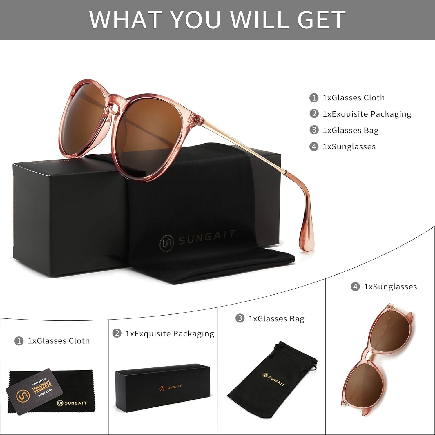 SUNGAIT Vintage Round Sunglasses for Women Men Classic Retro Designer Style (Polarized Light-Brown Lens/Pink Brown Frame(Glossy Finish) SGT567 PGTCKC: Clothing