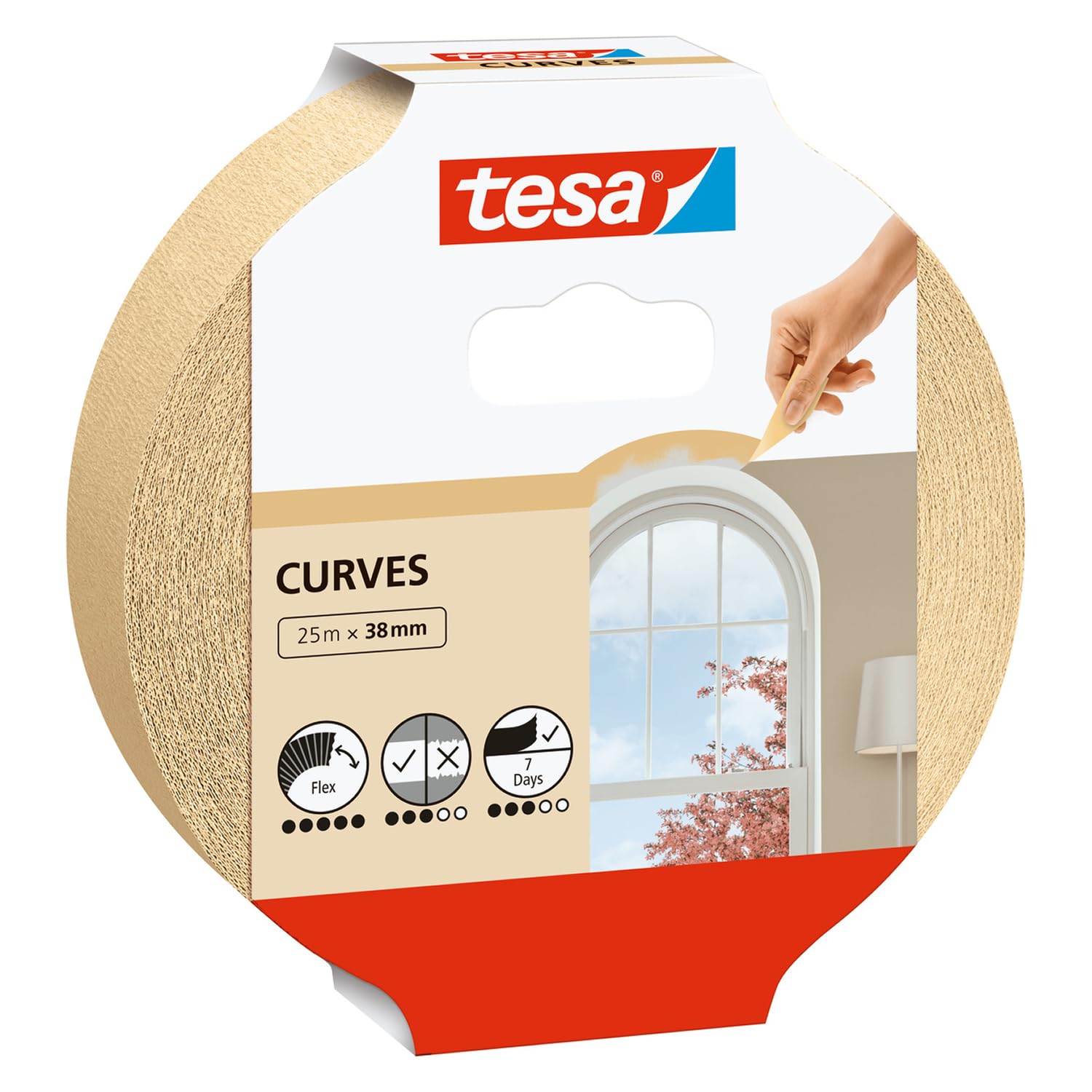 tesa Masking Tape Curves - Curved Tape with Extra Strong Crepe for Masking Curves and Irregular Shapes - for Rough and Smooth Surfaces - 25 mx 38 mm
