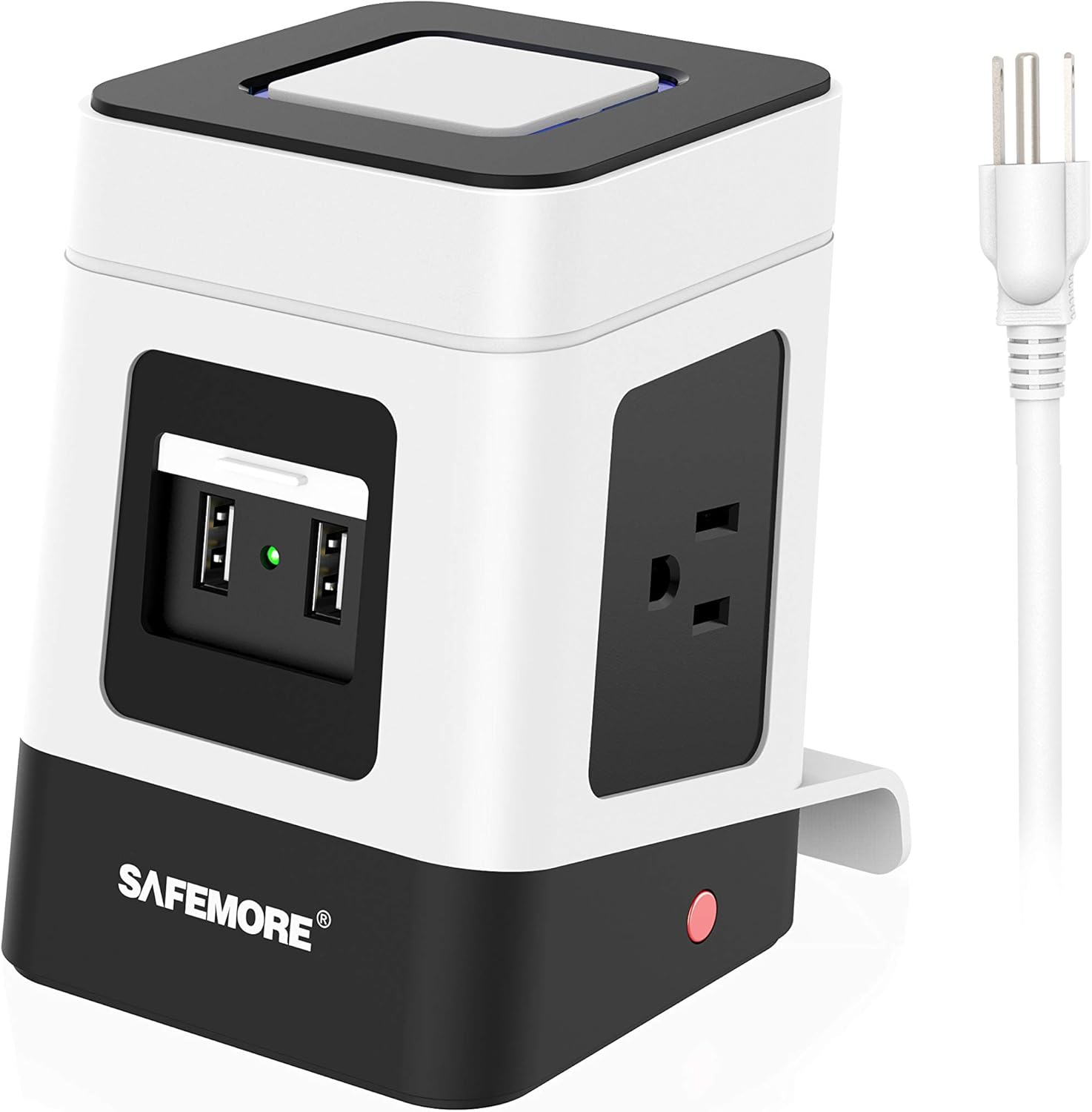 SAFEMORE USB Surge Protector Power Strip Tower with 2 USB Charging Station, 3 Power Outlet and 6.5Ft Extension Cord Power Tower for Nightstand Accessories, Tabletop, Game, Smartphone, White & Black - - 
